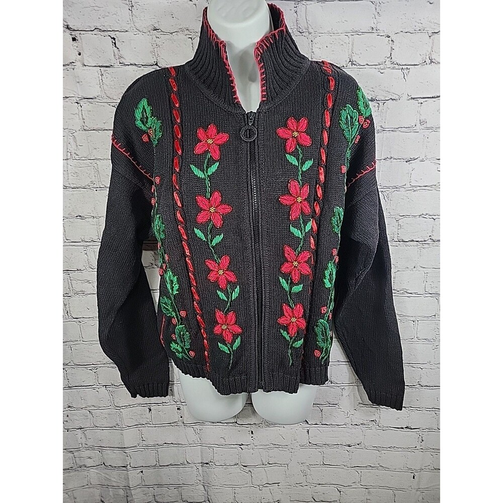 Vintage Work in progress full zip embroidered cardigan poinsettia Size L 14-16